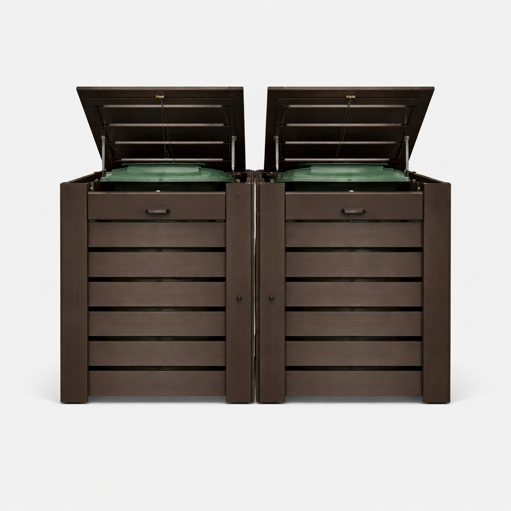 Double enclosure with both lids open showing bins inside